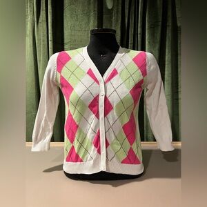 Sweet Romeo Argyle Cardigan Sweater - Pink and Green